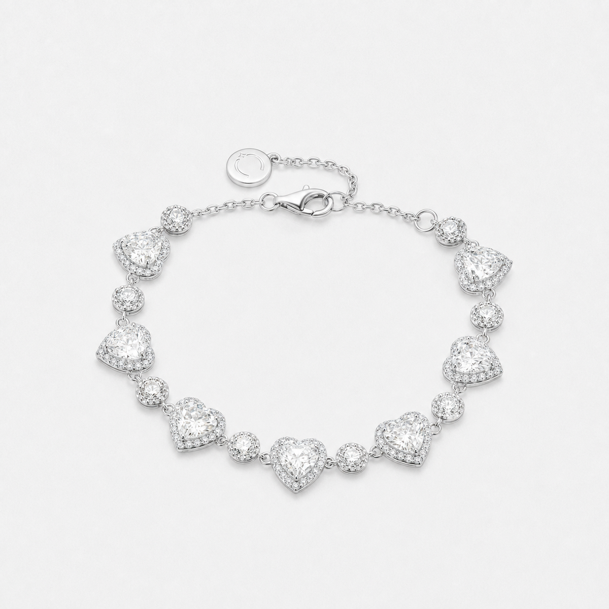 Clear-heart Silver option bracelet photographed with its clasp and extension chain