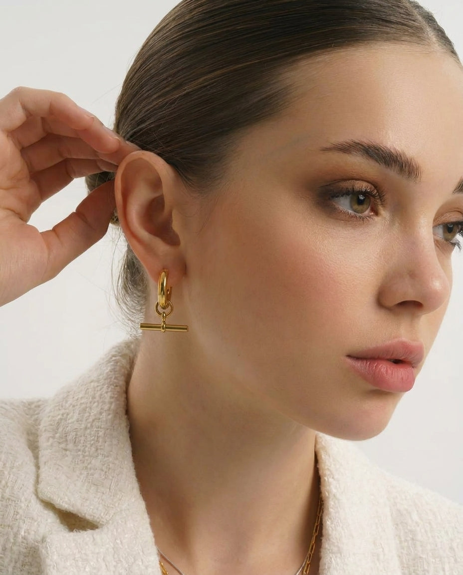 Gold T-Bar Hoop Earrings — Chunky 18K Plated Stainless Steel