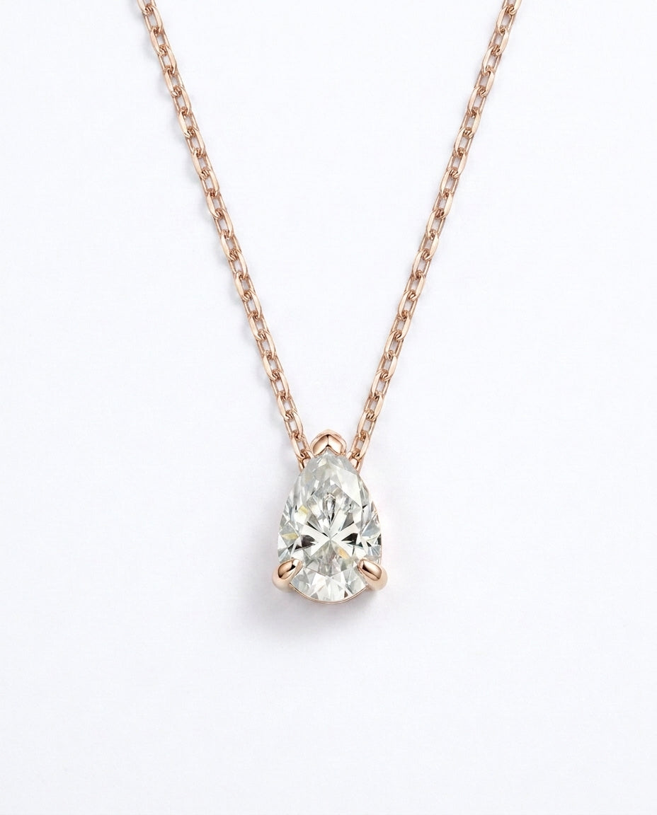 rose gold pear moissanite necklace with moissanite stone