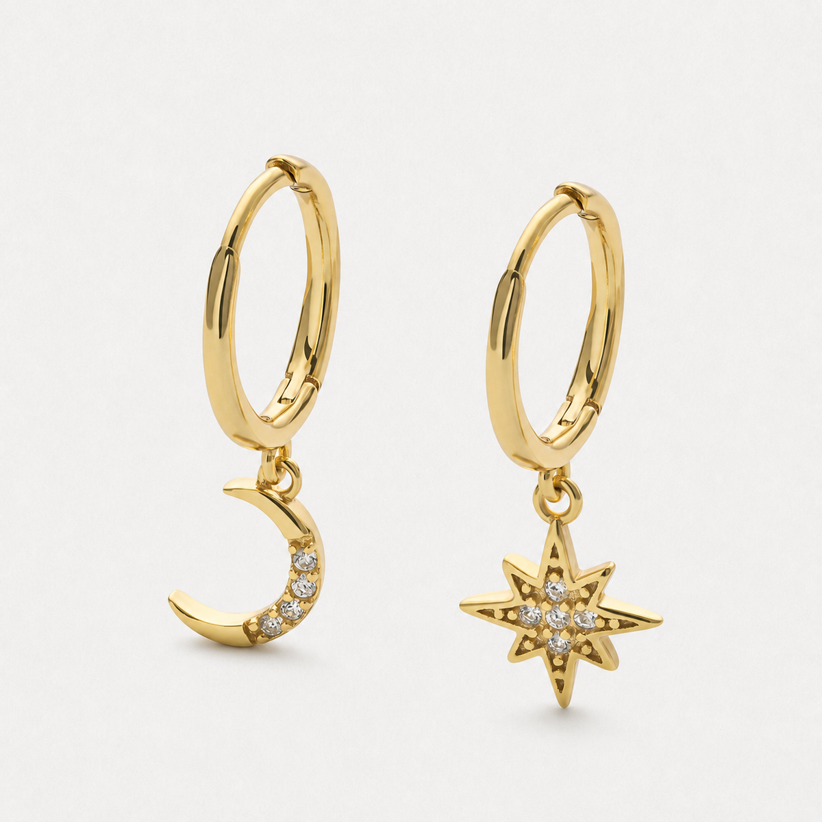 14K Gold-Plated Star and Moon Dangle Hoop Earrings — Gold