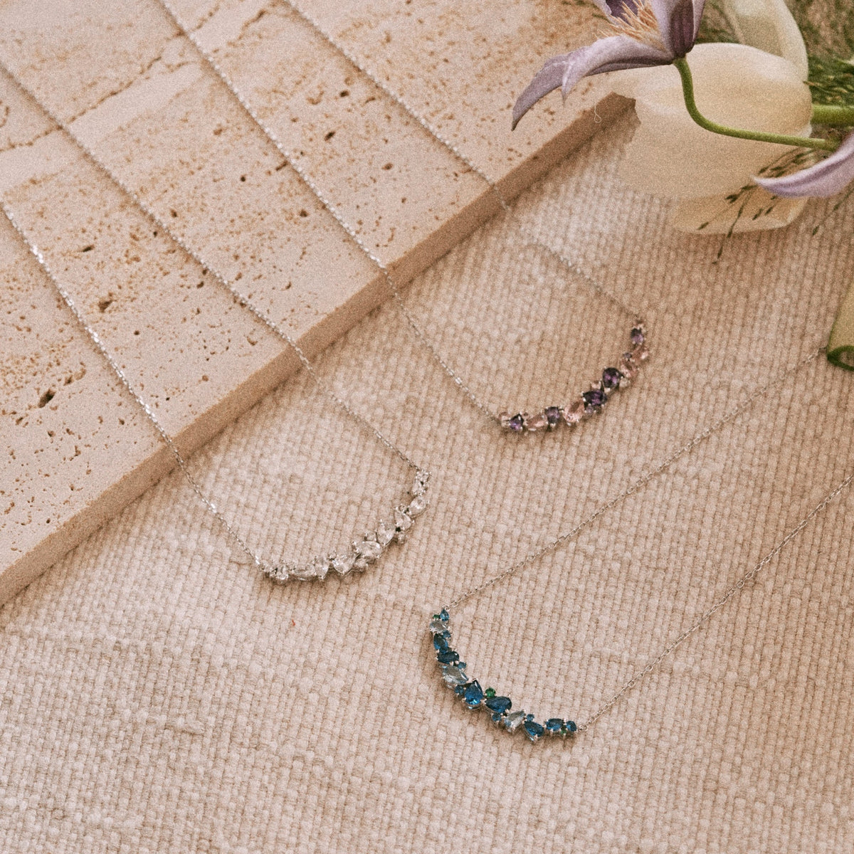 Wisteria flower necklace in purple variant detail