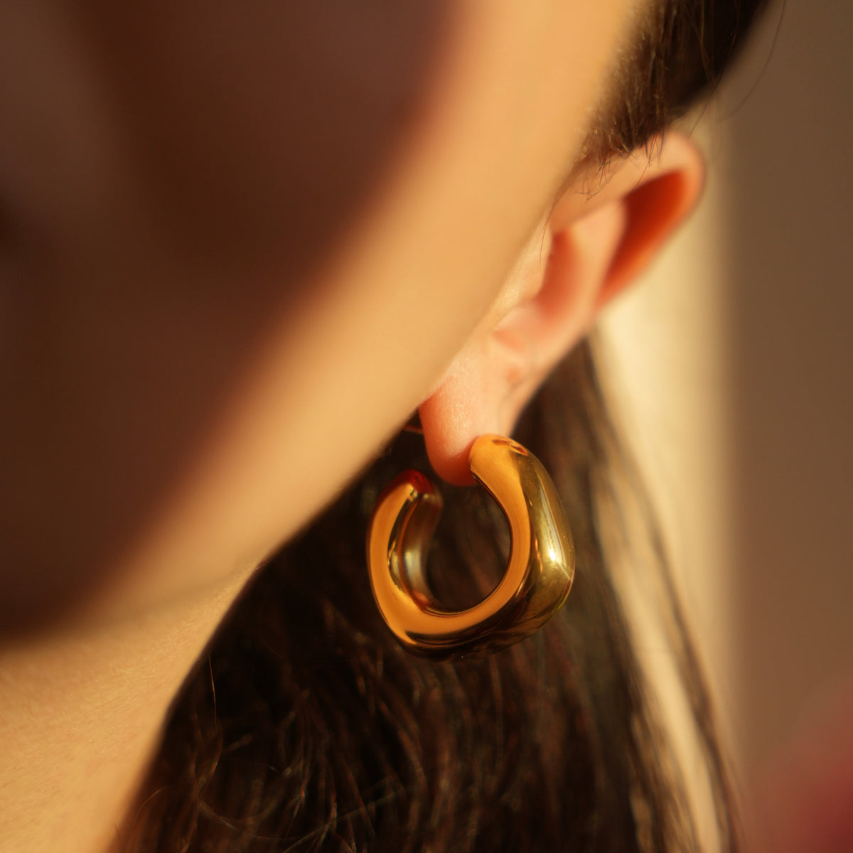 Gold chunky square stud earrings – side view