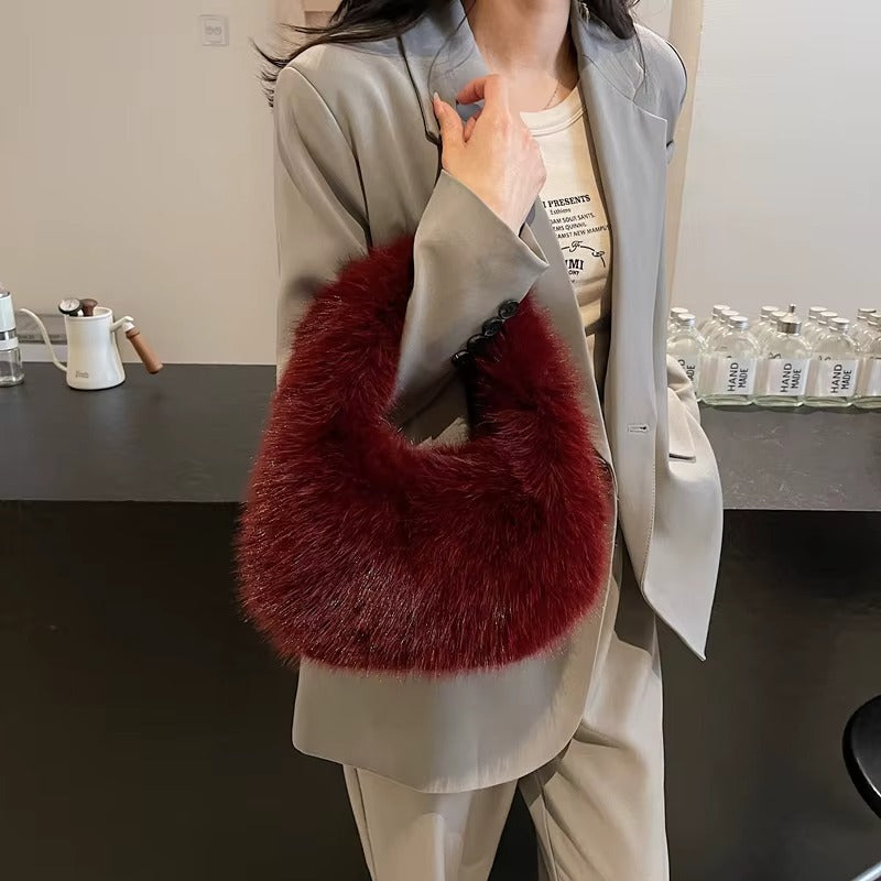 Rounded Faux-Fur Handbag