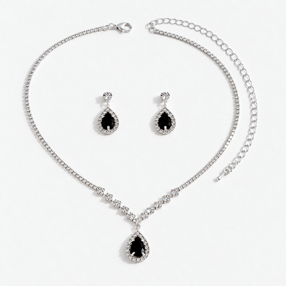 Crystal Teardrop Necklace & Earring Set in Silver / Black, product view on a white background - Ravyena