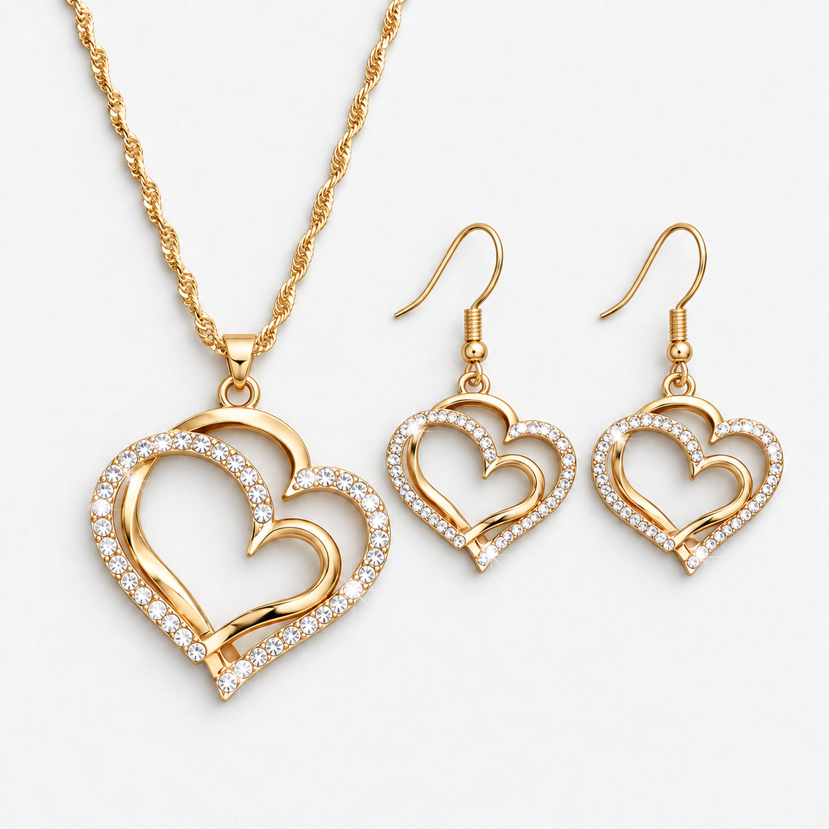 Double Heart Crystal Necklace & Earring Set in Gold, product view on a white background - Ravyena