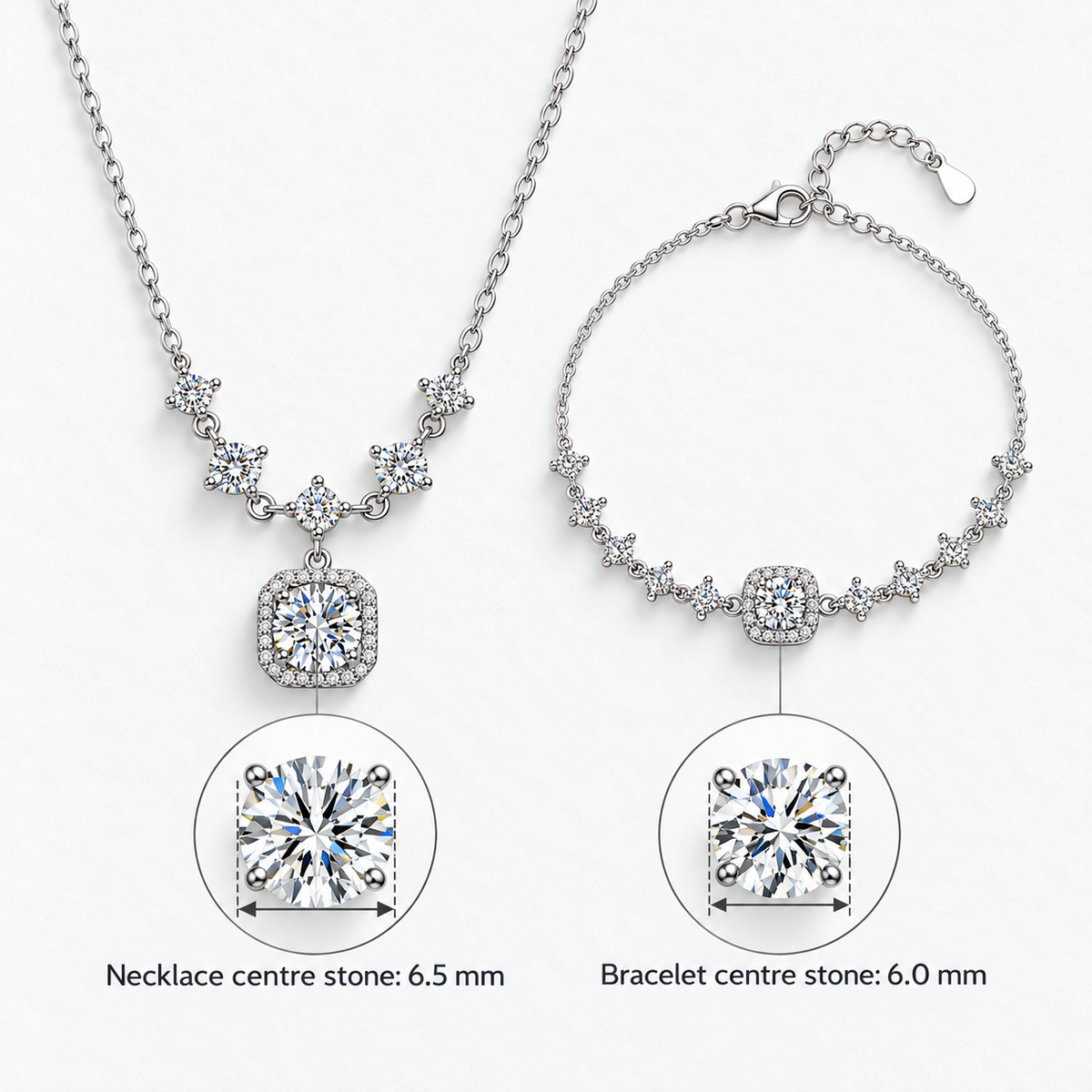 925 Sterling Silver Moissanite Necklace & Bracelet Set, Necklace centre stone: 6.5 mm; Bracelet centre stone: 6.0 mm - Ravyena