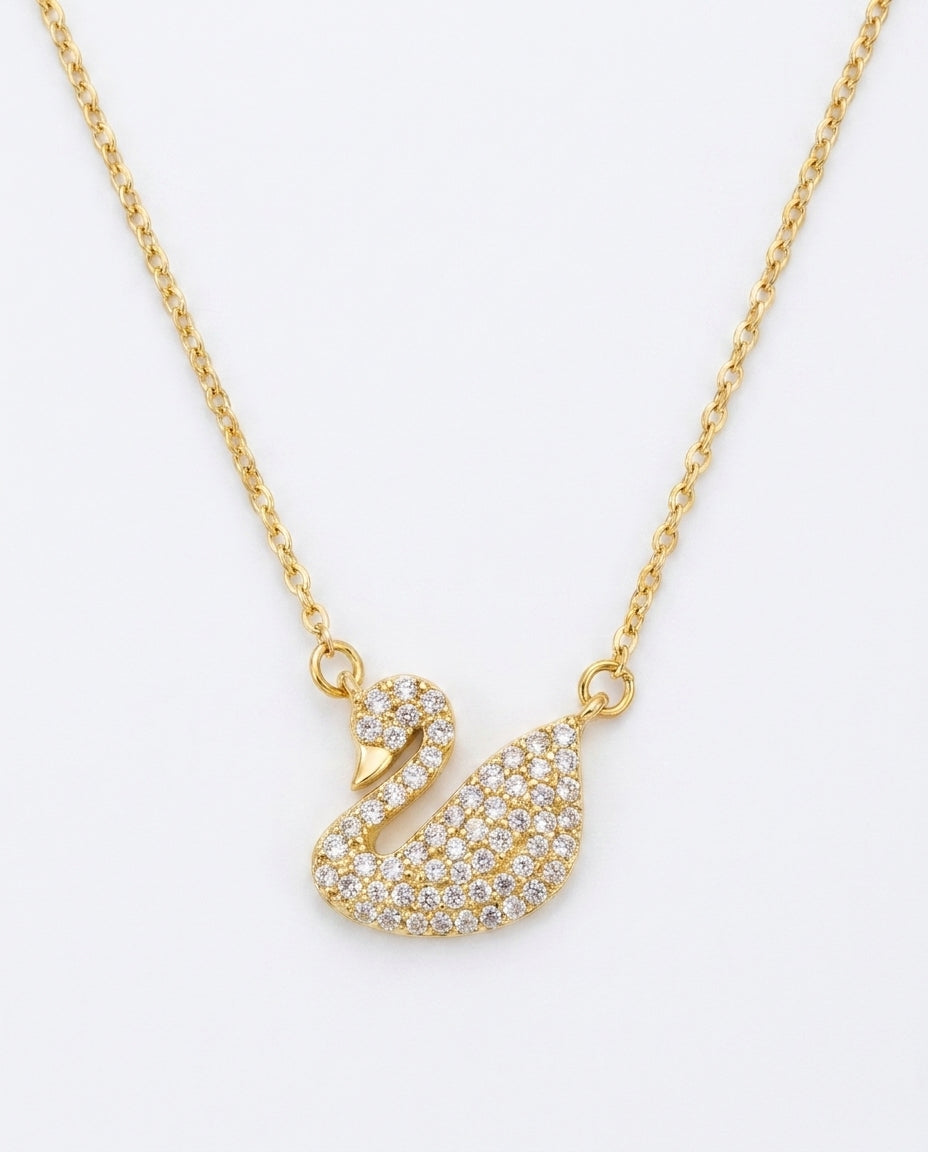 Geneviève 18K gold swan necklace with white zircon crystals — Ravyena