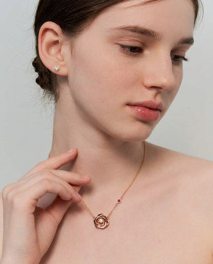 My Rose 14K Solid Rose Gold Necklace | Diamond & Ruby Rose Pendant