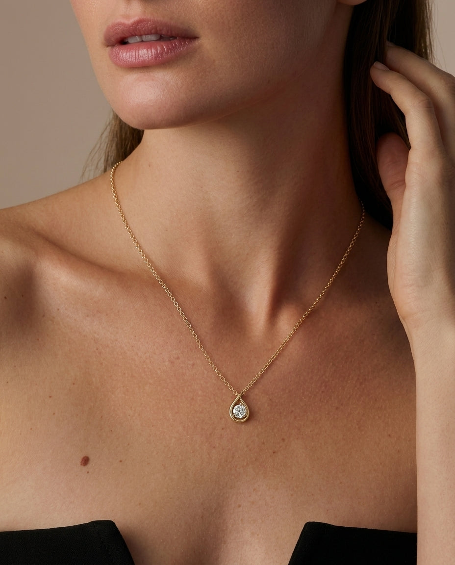 Pear-Cut Moissanite Necklace — 14K Gold Solitaire Pendant