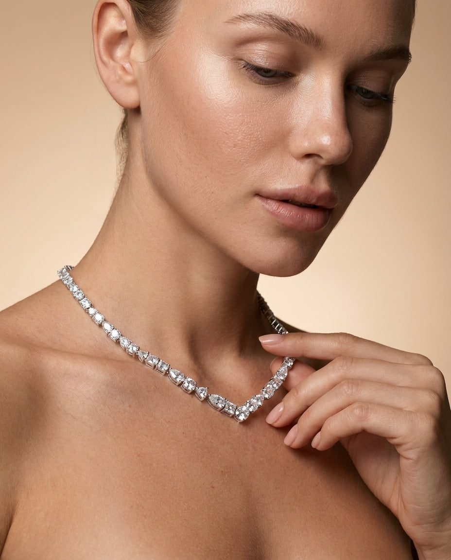Gold Mixed Cut Crystal V Necklace — 14K Plated Brass