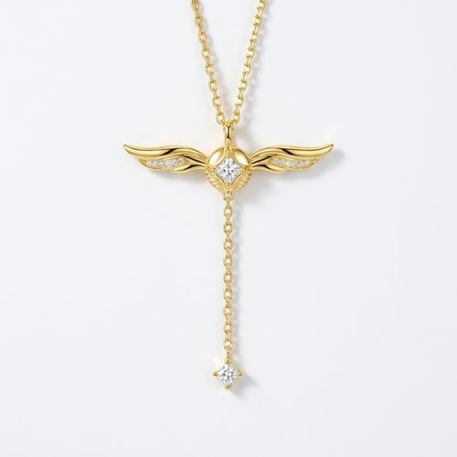 Gold-plated lariat necklace with winged cubic zirconia pendant, close-up – Ravyena
