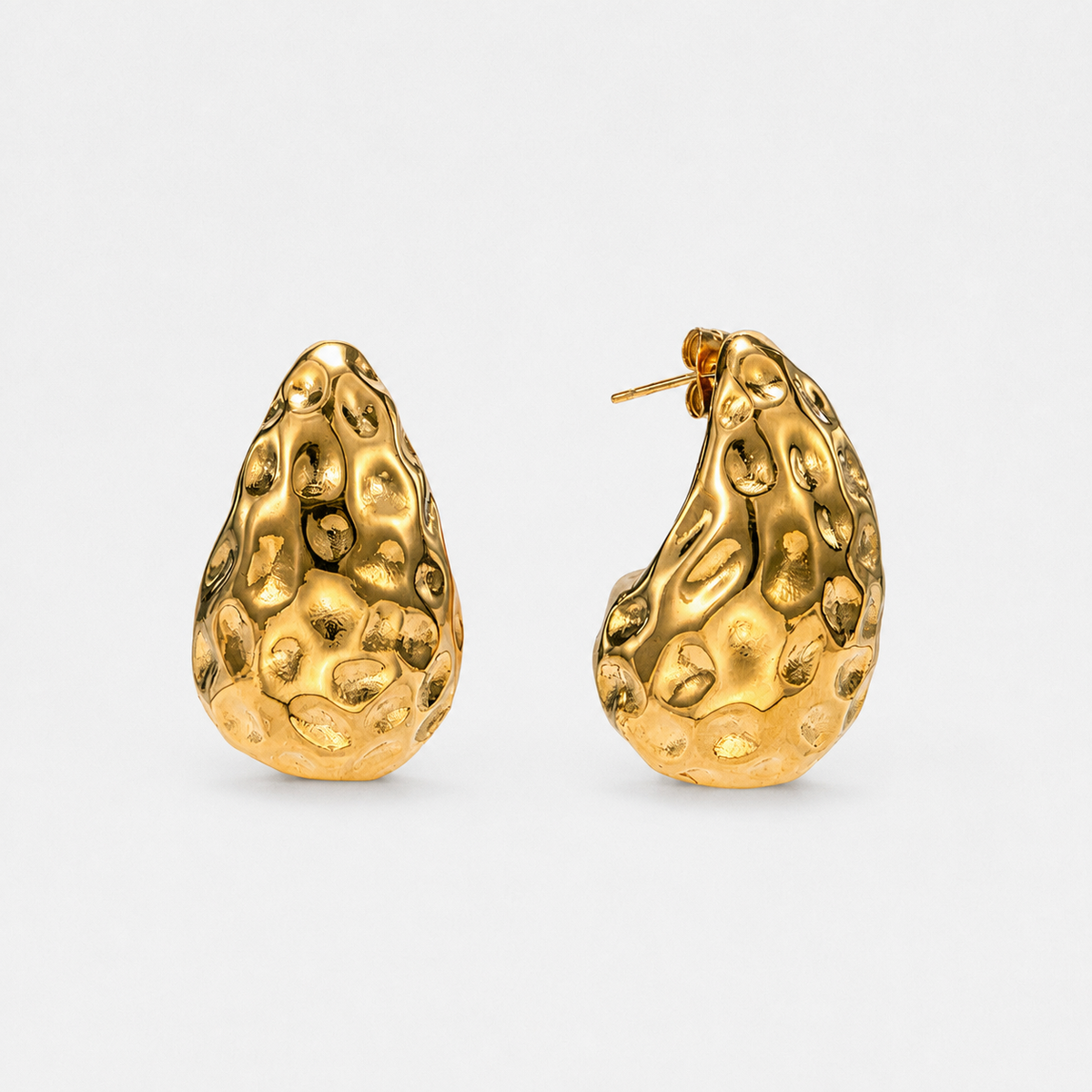 Hammered Gold Teardrop Stud Earrings — Gold