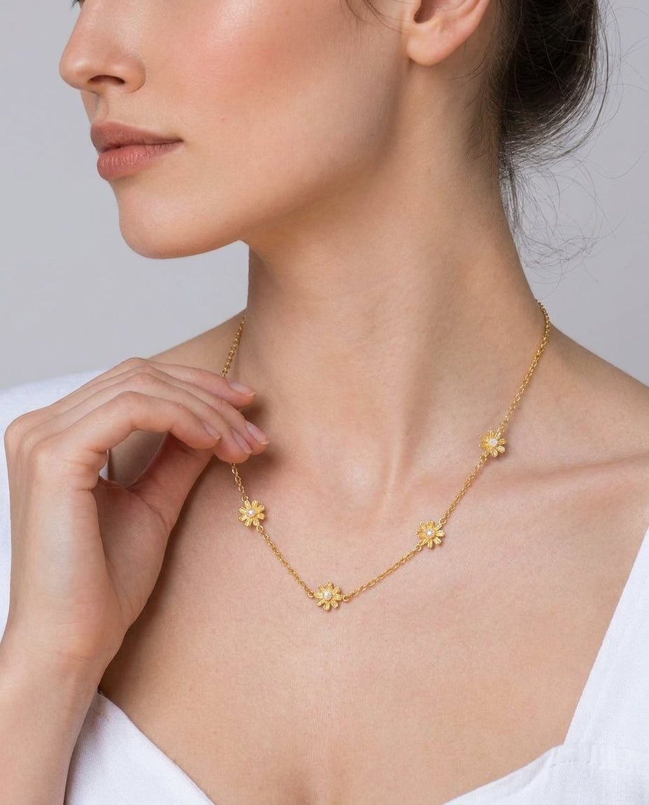 14K gold flower choker necklace, side angle view