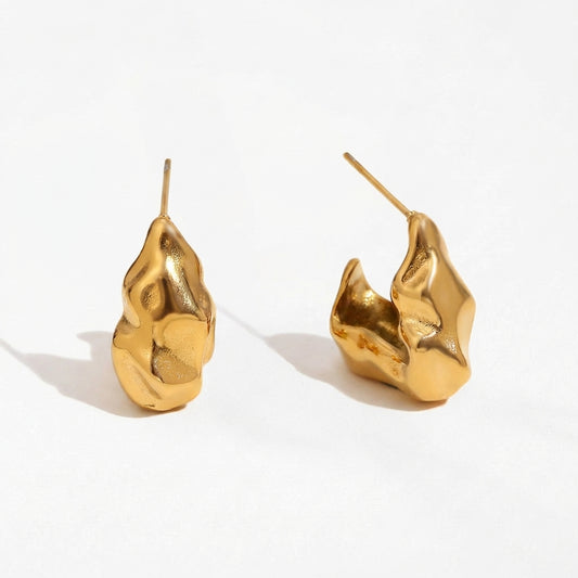Molten Muse gold drop earrings with fluid sculptural form by Ravyena