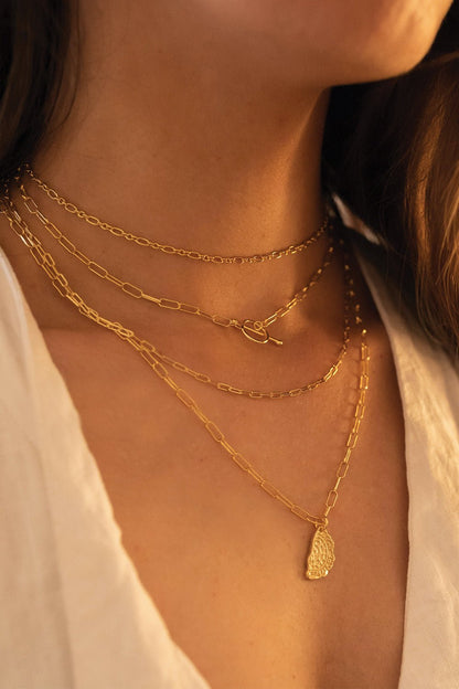 Close-up of gold link chain choker detail