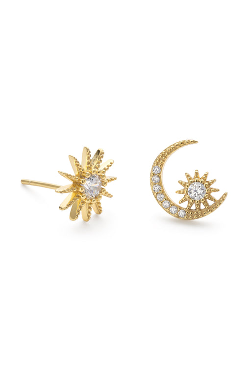 14K gold star and crescent moon earrings, celestial design