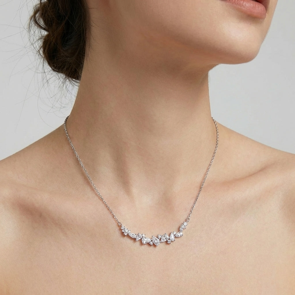 Floral Y-necklace with sparkling white cubic zirconia