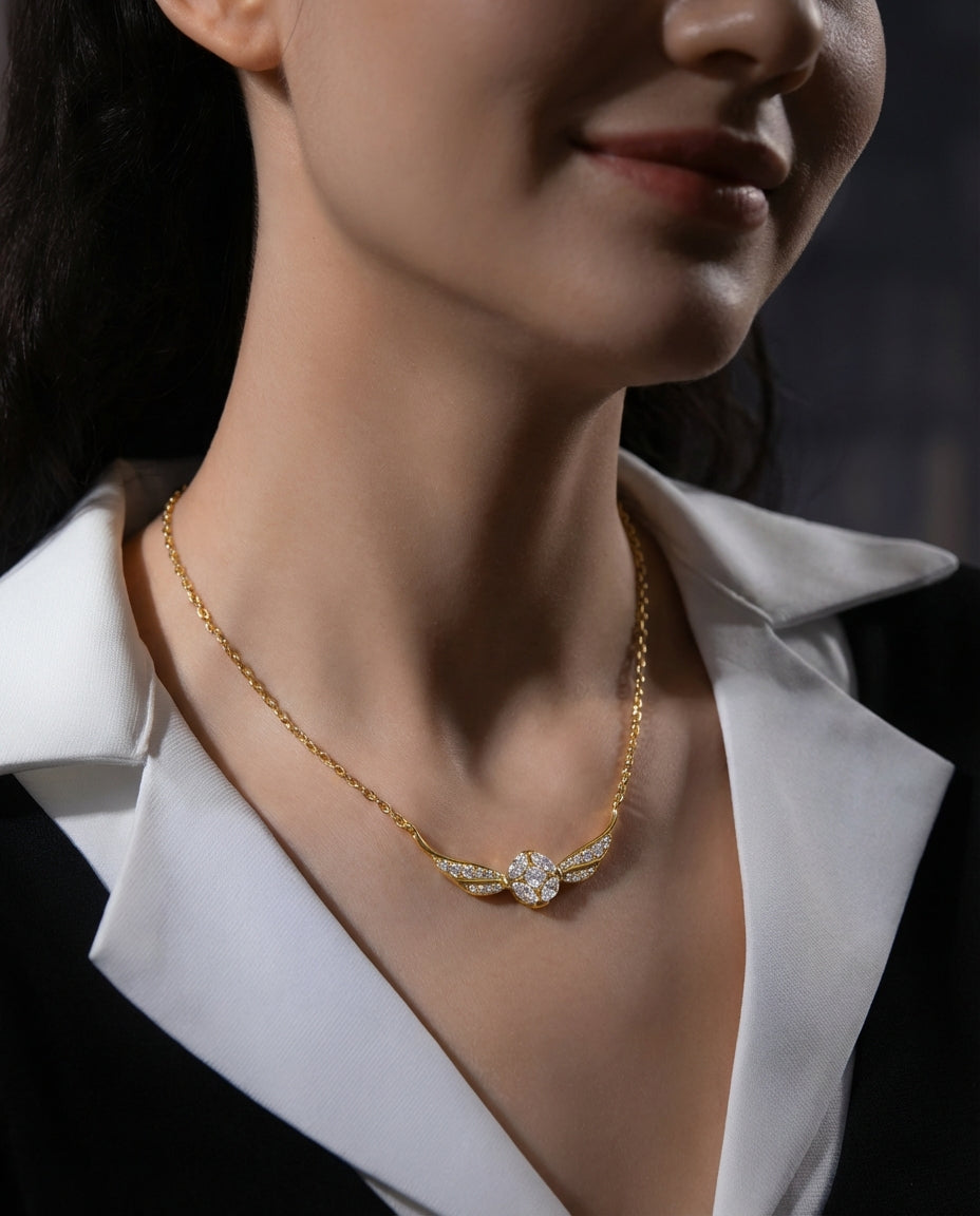 Winged sphere pendant necklace in sterling silver on fine chain