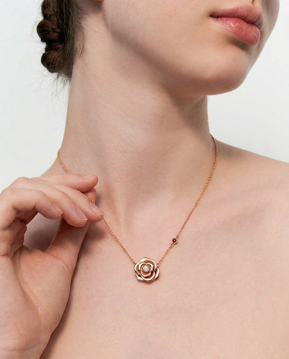 My Rose 14K Solid Rose Gold Necklace | Diamond & Ruby Rose Pendant
