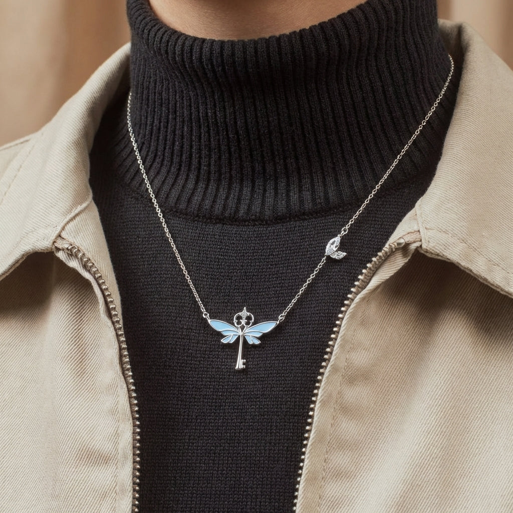 Glow-in-dark keys necklace styled on a model