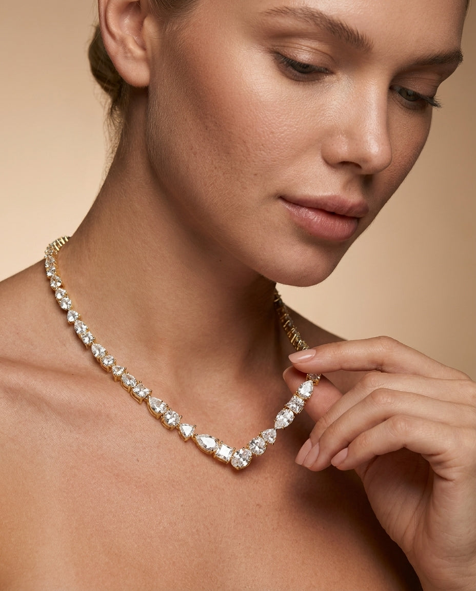 Gold Mixed Cut Crystal V Necklace — 14K Plated Brass