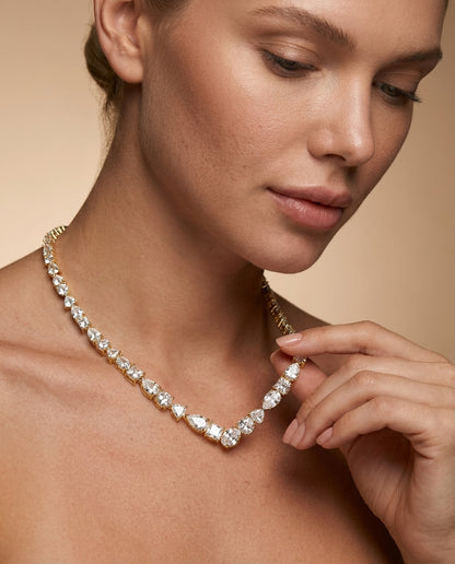 Gold Mixed Cut Crystal V Necklace — 14K Plated Brass