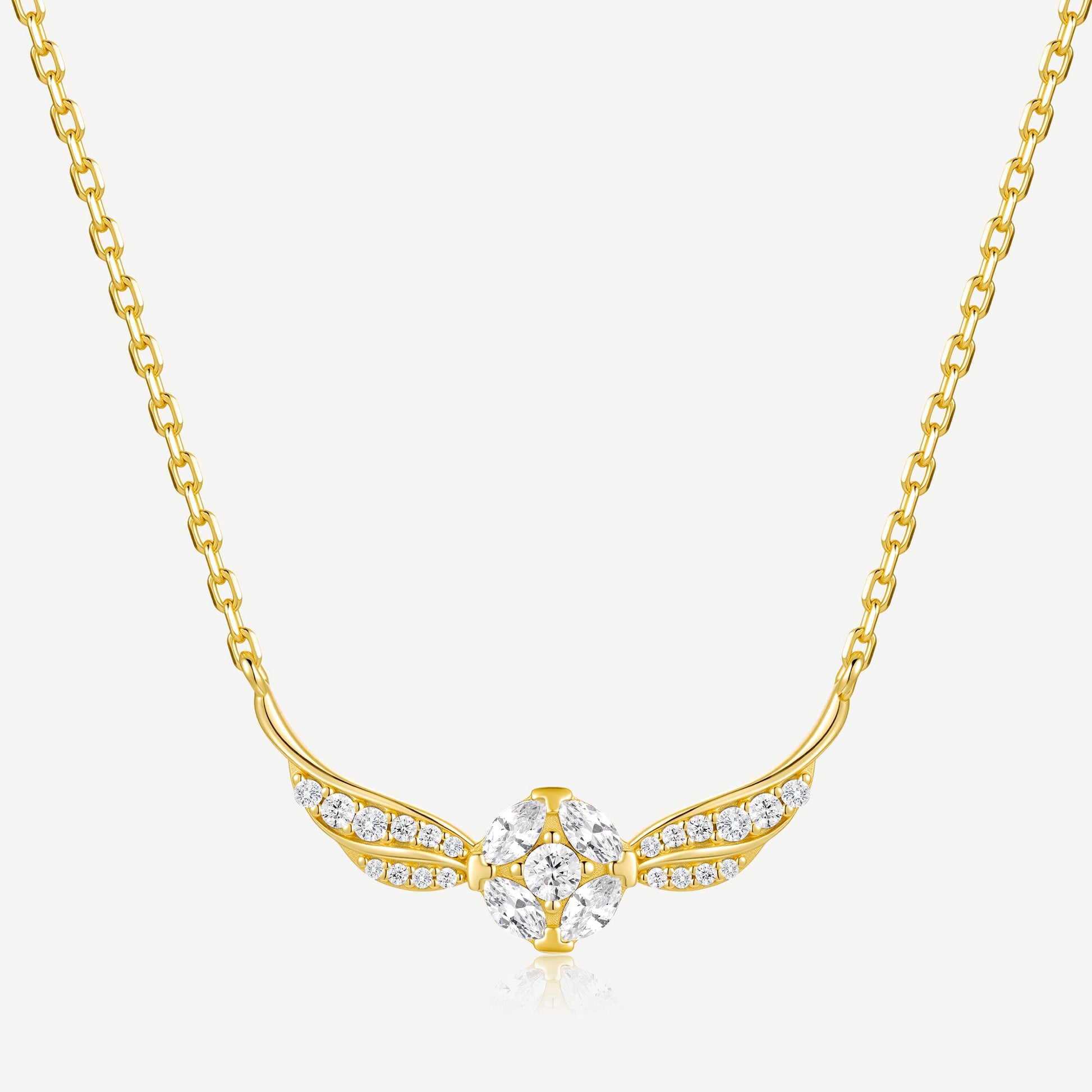 Golden snitch sterling silver necklace with winged pendant and cubic zirconia centre