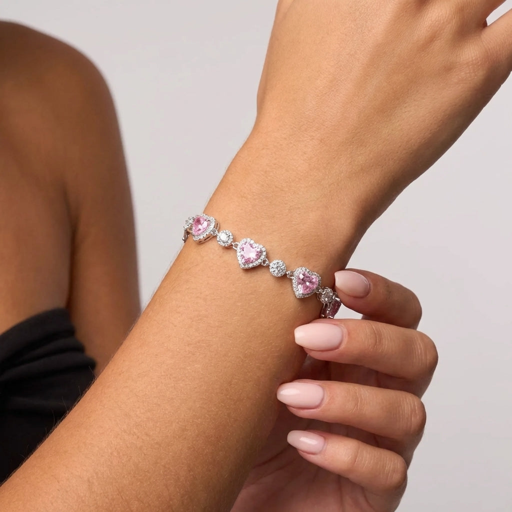 Pink halo heart tennis bracelet, refined feminine design
