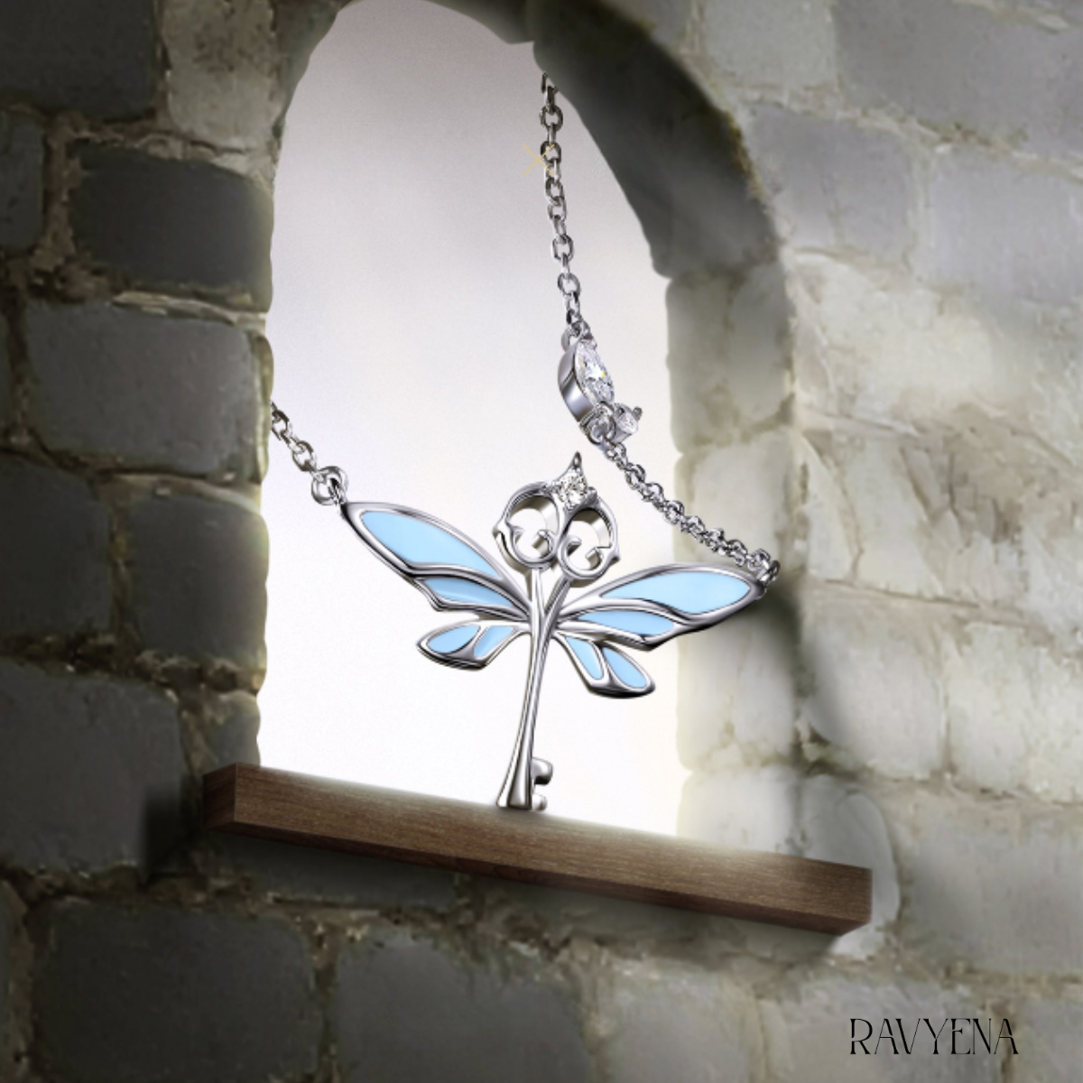 Magical winged keys necklace, sterling silver finish
