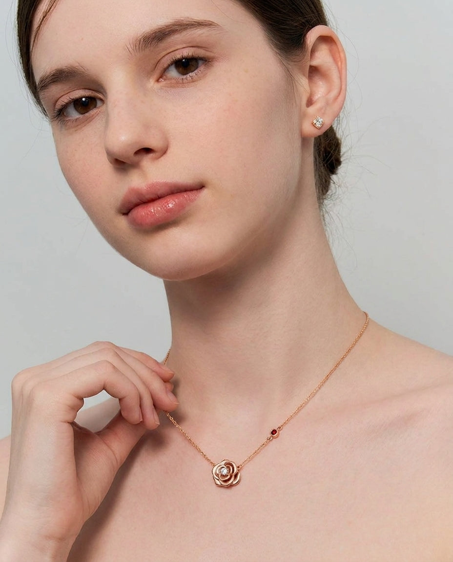 My Rose 14K Solid Rose Gold Necklace | Diamond & Ruby Rose Pendant