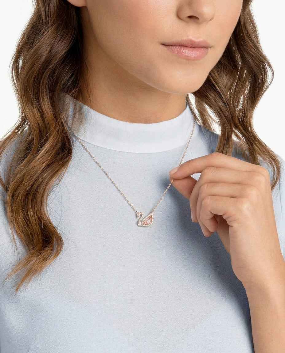 Rose Gold Pink Swan Pendant Necklace — 14K Plated Brass