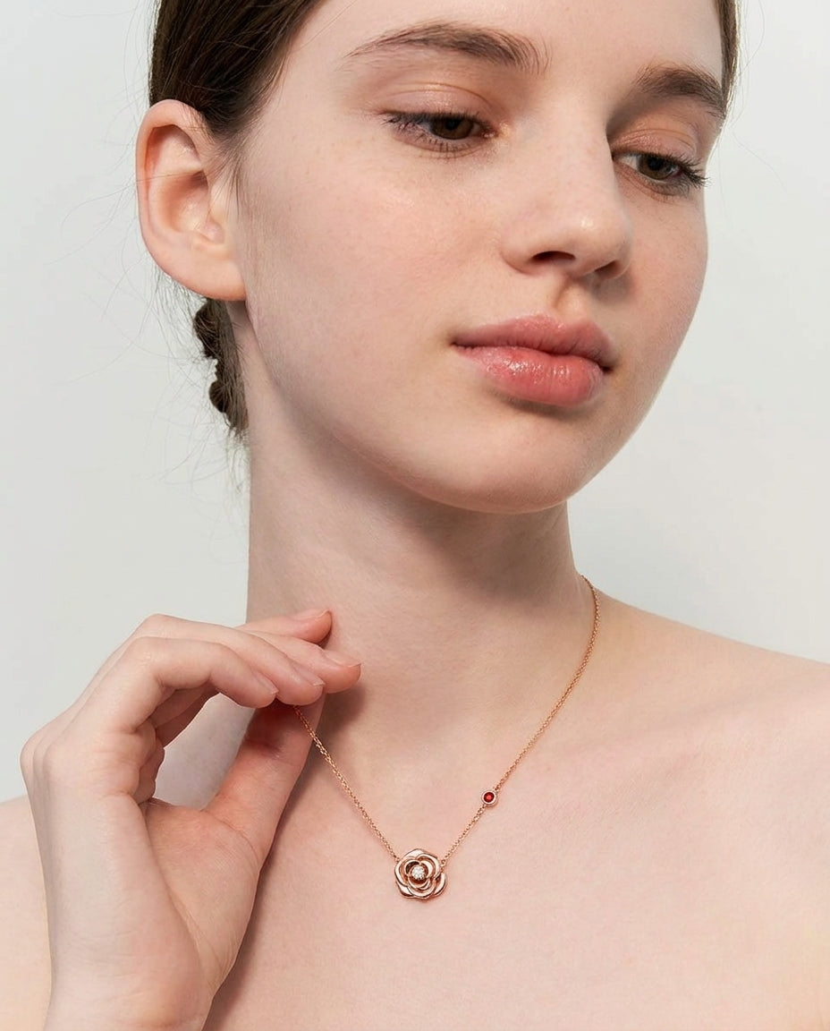 My Rose 14K Solid Rose Gold Necklace | Diamond & Ruby Rose Pendant