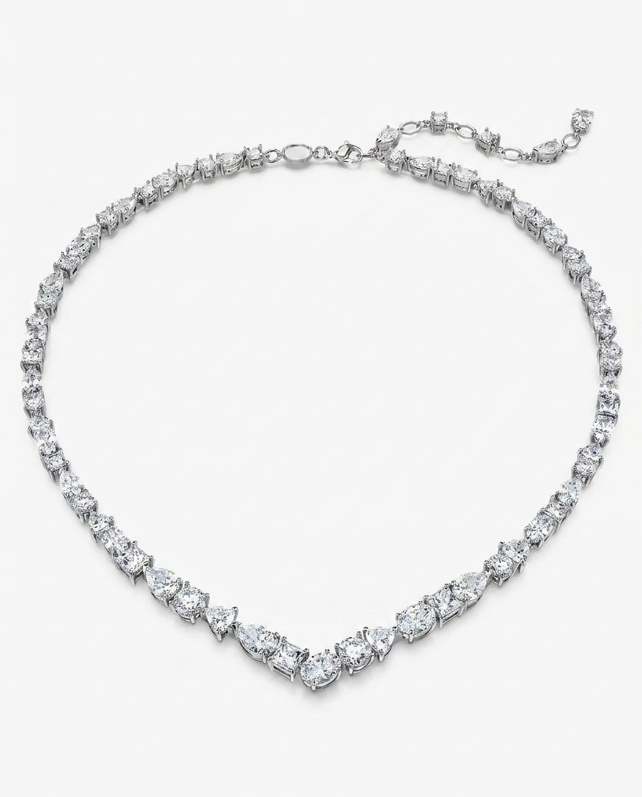 Gold Mixed Cut Crystal V Necklace — 14K Plated Brass