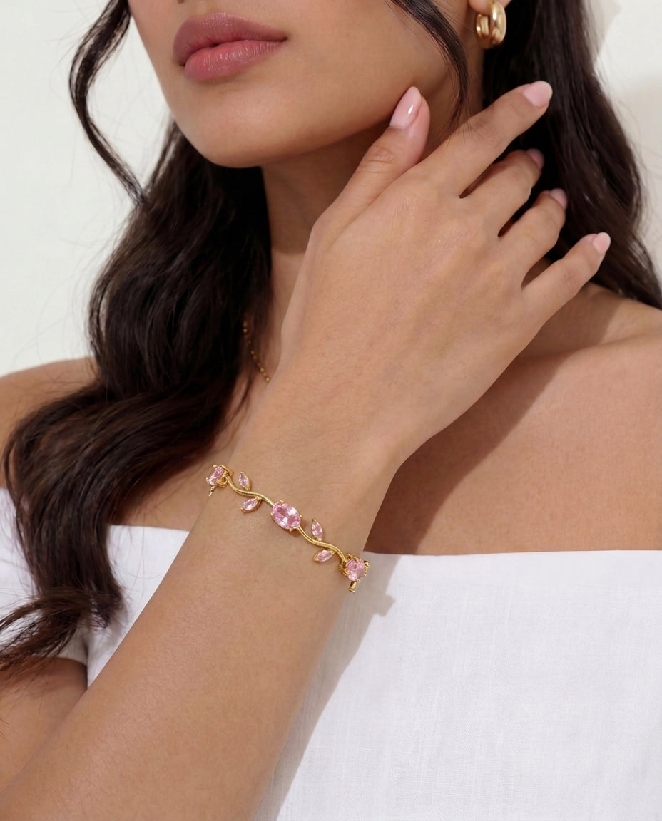 Close-up of the multicoloured flowers on the Ottilie Vine bracelet
