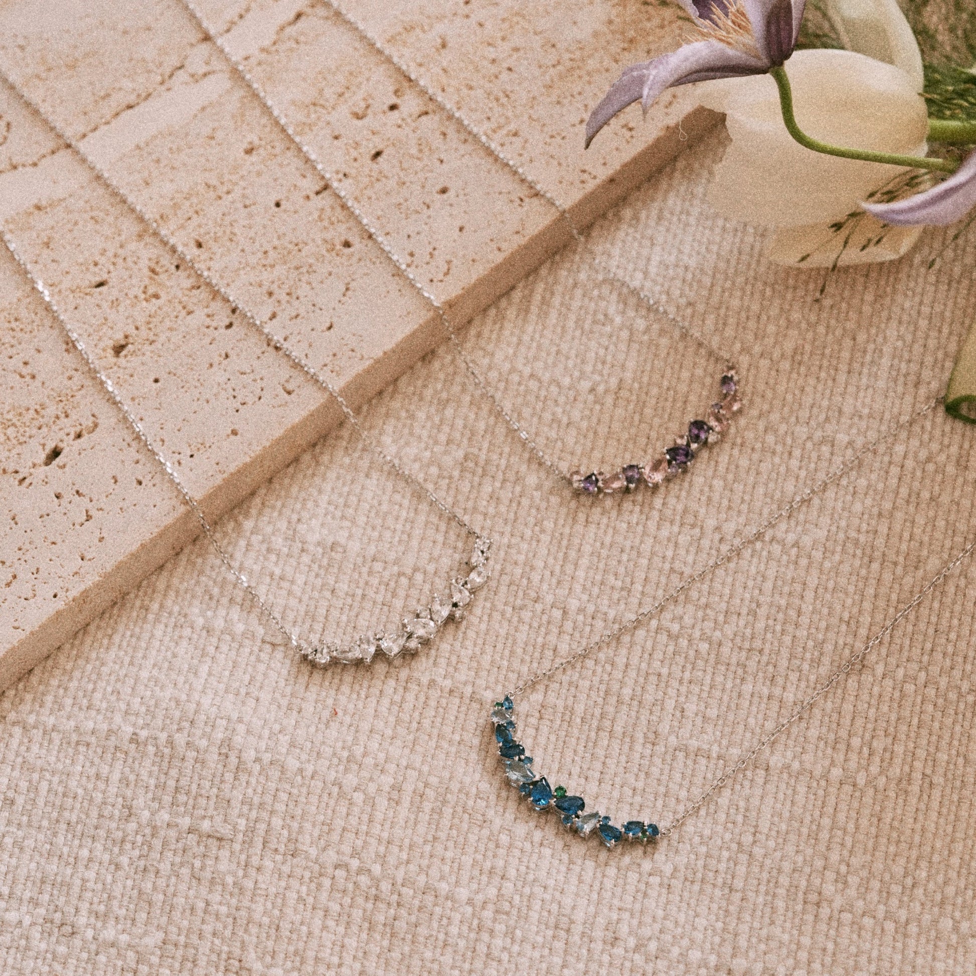 Wisteria flower necklace in purple variant detail