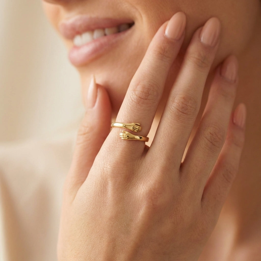 Sculptural gold hug ring, side angle view