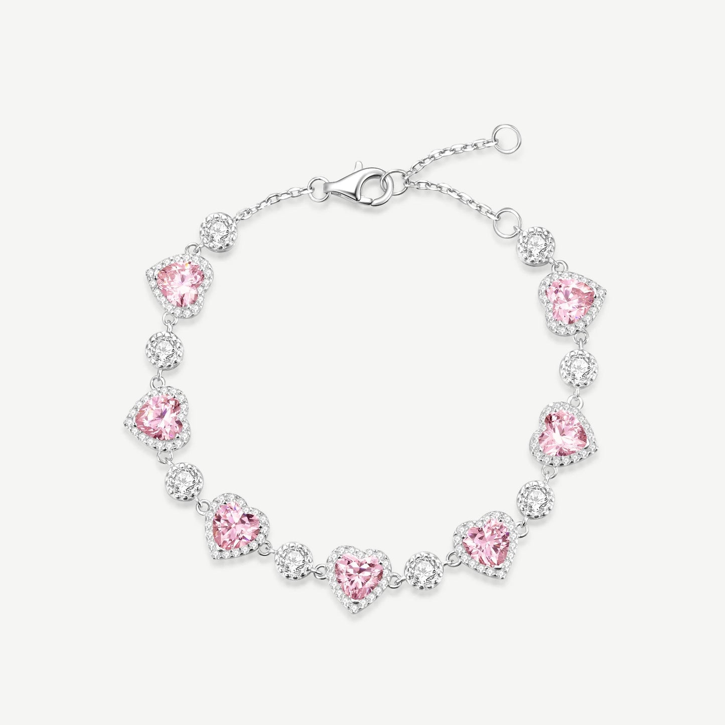 Pink halo heart tennis bracelet, romantic gold finish