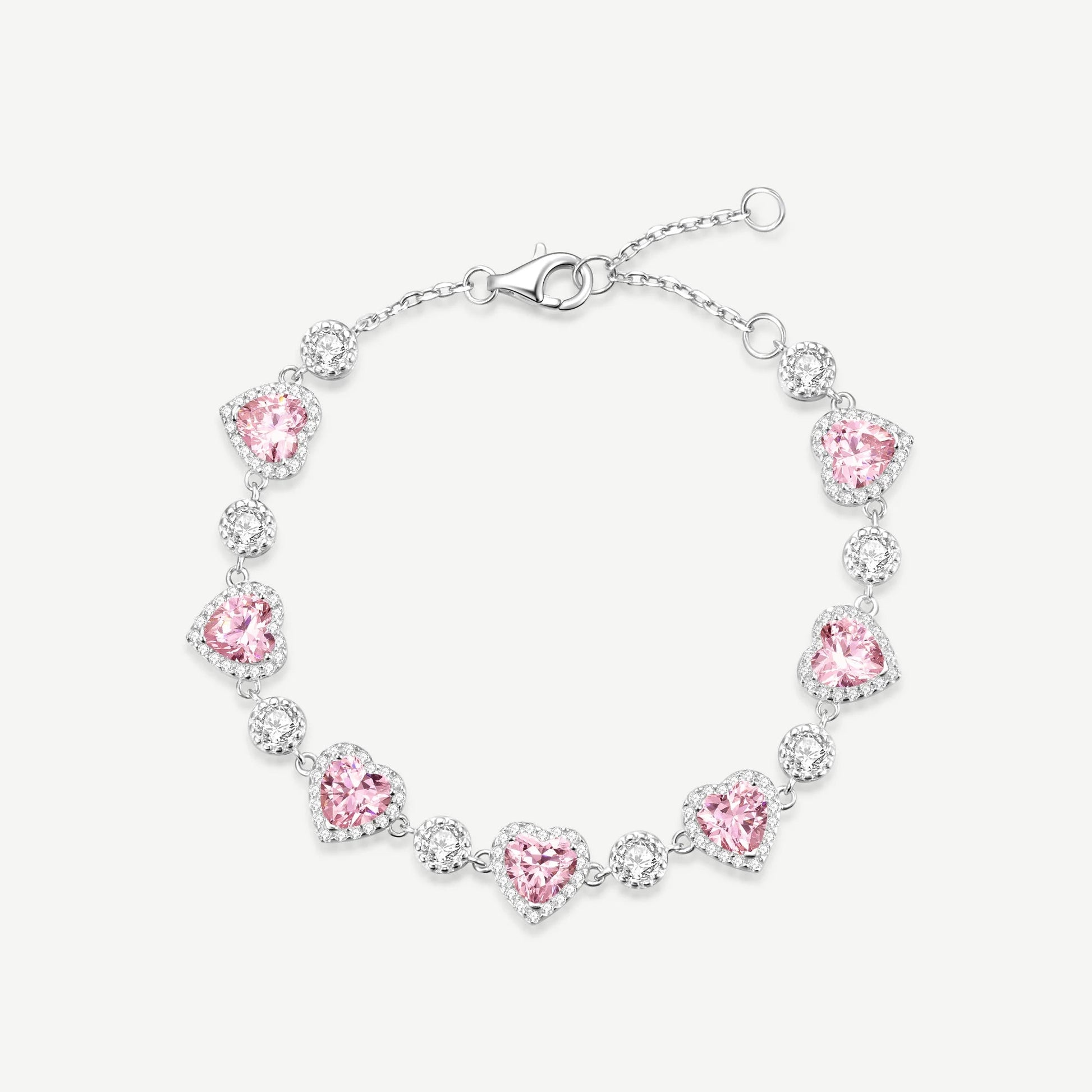 Pink halo heart tennis bracelet, romantic gold finish