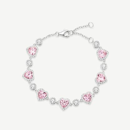 Pink halo heart tennis bracelet, romantic gold finish