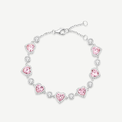 Pink halo heart tennis bracelet, romantic gold finish
