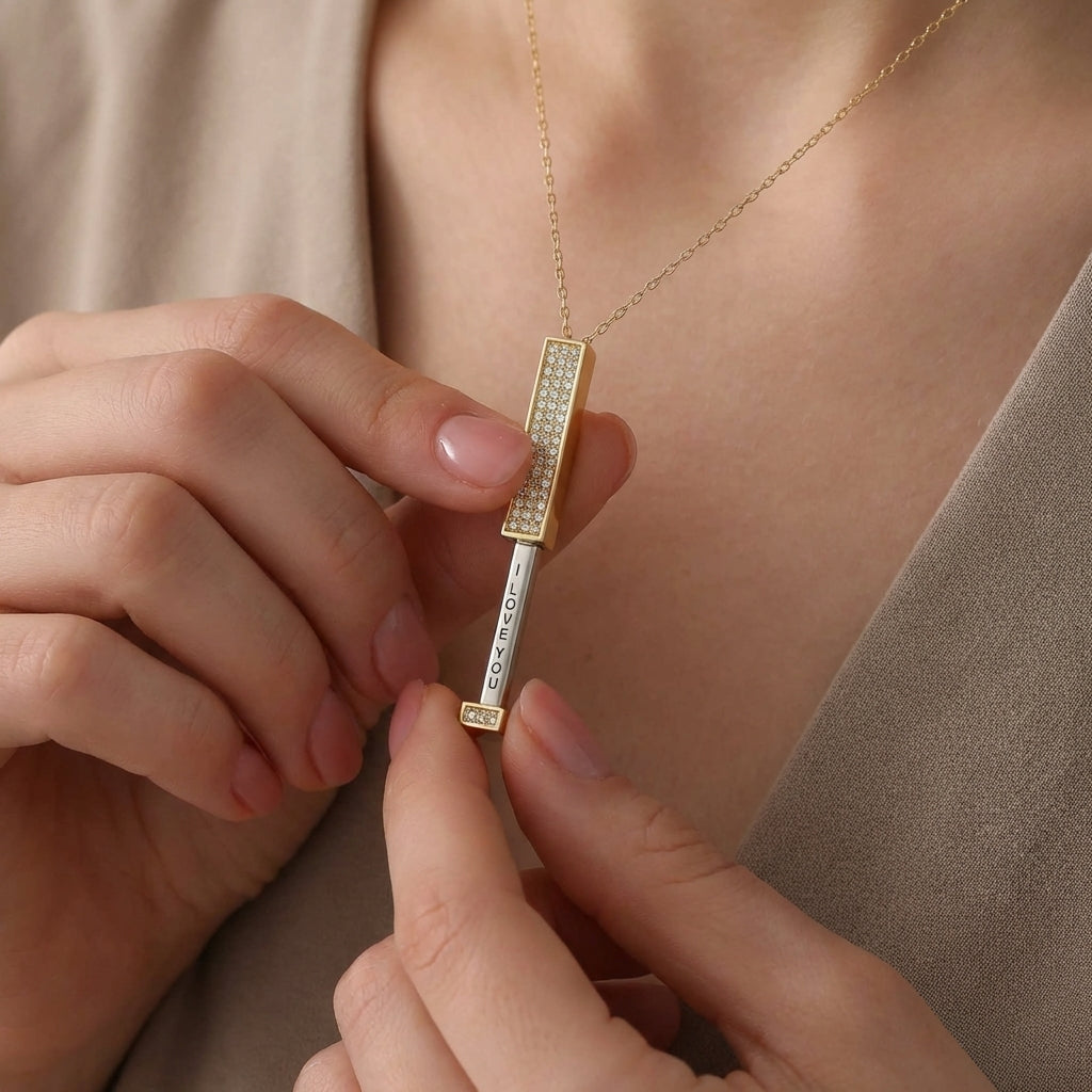 I love you necklace, side angle view