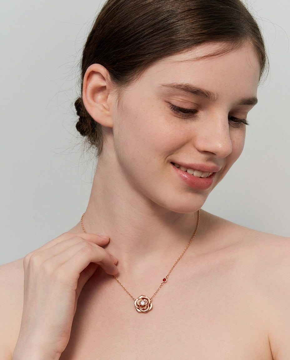 My Rose 14K Solid Rose Gold Necklace | Diamond & Ruby Rose Pendant