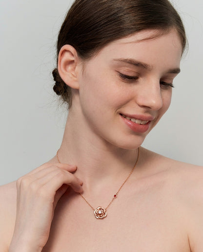 My Rose 14K Solid Rose Gold Necklace | Diamond & Ruby Rose Pendant