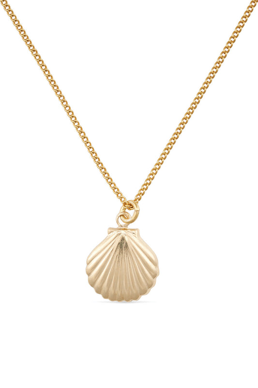Large dainty 18K gold ribbed shell pendant necklace