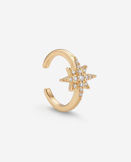 Solitaire star 14K gold huggie hoop ear cuff