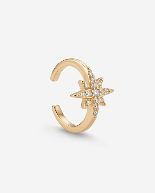 Solitaire star 14K gold huggie hoop ear cuff