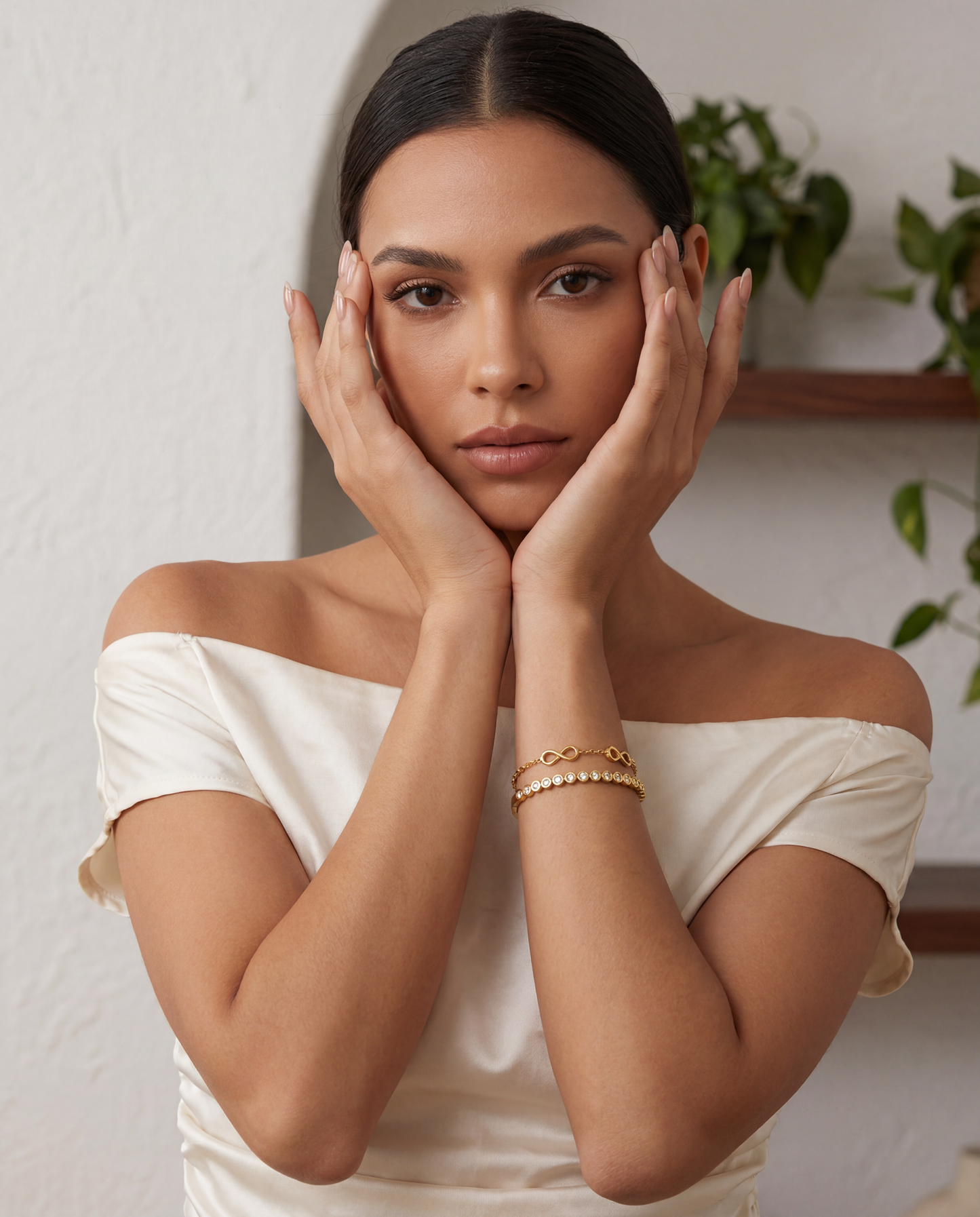 Close-up of chunky gold tennis bangle detail