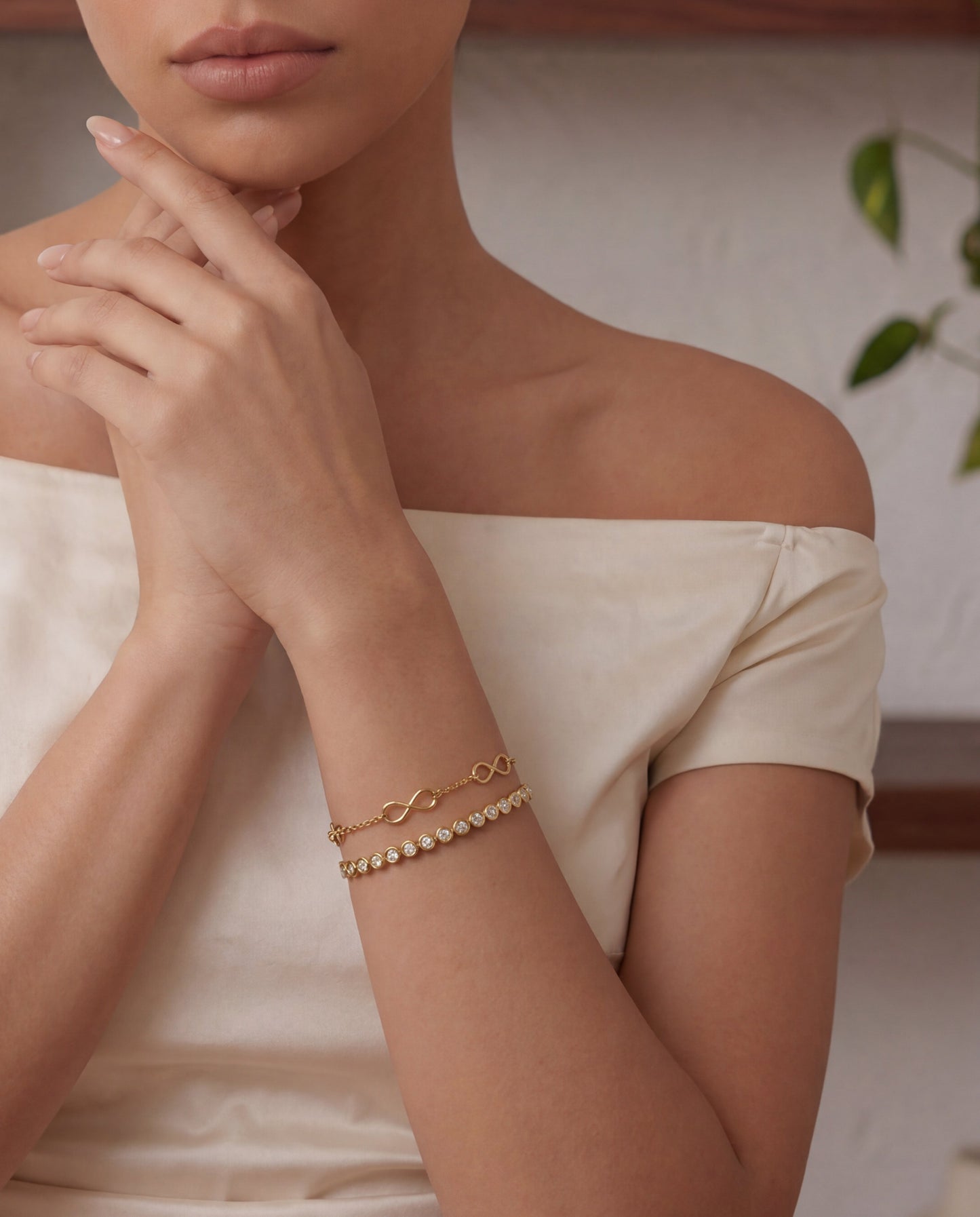 Solitaire tennis bangle styled on a feminine wrist