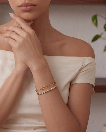 Solitaire tennis bangle styled on a feminine wrist