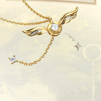 Gold-plated winged lariat necklace, Y-chain drop detail